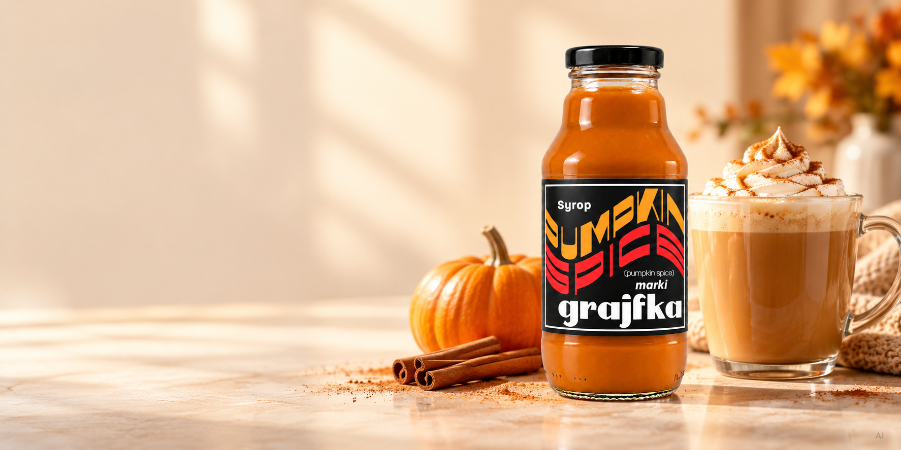 Butelka syropu Pumpkin Spice Grajfka w jesiennej aranżacji z latte i dyniami